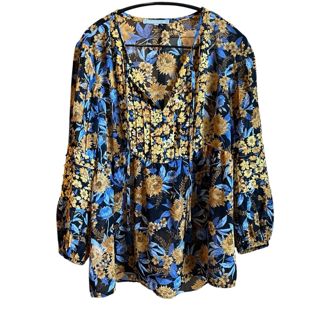 Daniel Rainn Womens Blue & Gold Floral V-Neck Blouse Medium Tassel Tie Sheer